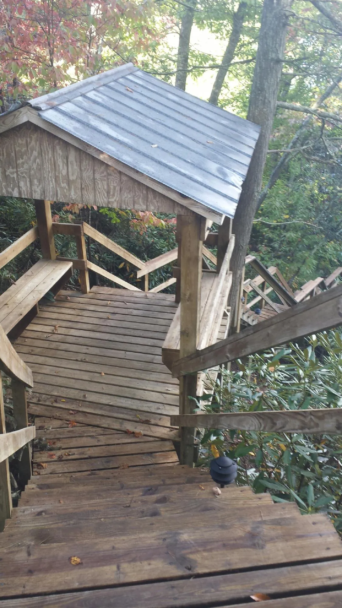 Metal roofed shelter over wooden steps on a wooded walkway — Skylight Repair & Installation work by our crew in Seward